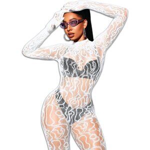 🆕Women White Sexy Fishnet Full Mesh Jumpsuit Body Stockings Halloween Costume
